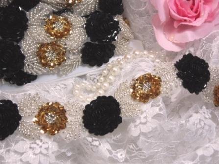 0211  Black and Gold Floral Sequin Beaded Trim-embellishment,sequin,beaded,beads,applique,trim,motif,flower,floral,gold,black,silver