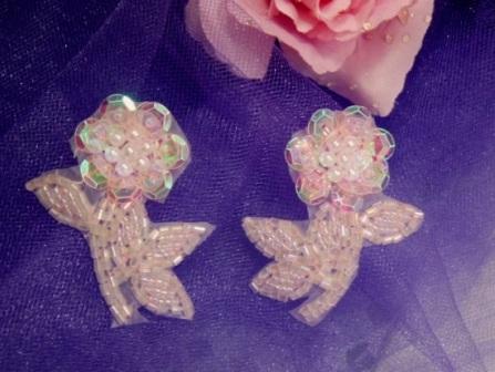 0213  Pink Crystal Flower Mirror Pair Sequin Beaded Applique