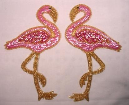 0219  Pink Flamingo Mirror Pair Sequin Beaded Appliques 7.75"