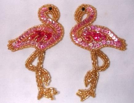 0220 Pink Flamingo Mirror Pair Sequin Beaded Appliques 4"