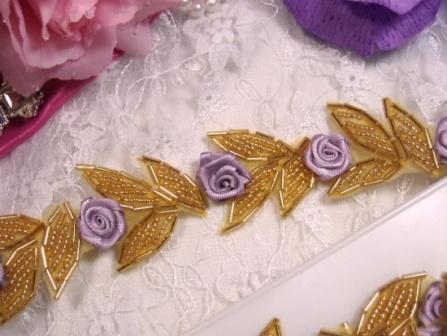 0228  Lavender Ribbon Rose Gold Beaded Trim