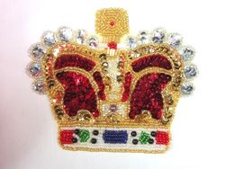 0239  Royal Crown Beaded Sequin Applique 4.75"-crown,sequin,beaded,applique,trimmings,embellishment,motif,yoke,turquoise,motif,collar