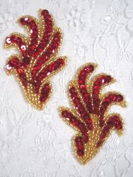 0244 Red & Gold Mirror Pair Sequin Beaded Appliques 3"-gold,sequin,beaded,applique,trimmings,embellishment,gold,mirror,pair