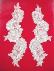 0263 Crystal AB  Mirror Pair Sequin Beaded Appliques 9.5"-crystal,sequin,beaded,applique,trimmings,embellishment,gold,mirror,pair