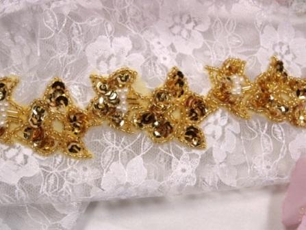 0268   Gold Pearl Floral Sequin Beaded Trim 1.25"-embellishment,sequin,beaded,beads,applique,trim,motif,gold,floral,pearl,victorian