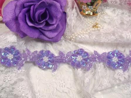 0272   Lavender AB Pearl Floral Sequin Beaded Trim-embellishment,sequin,beaded,beads,applique,trim,motif,silver,floral,pearl,victorian,lavender,