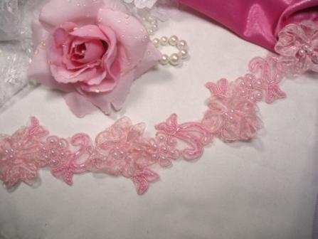 0269  Pink Pearl Beaded Trim or Applique 1.5"-trim,pearl,floral,beaded,applique,trimmings,embellishment,pink,motif,beaded,sequin,applique,sequins,beads,