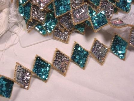 0271  Turquoise Diamond Sequin Beaded Applique or Trim