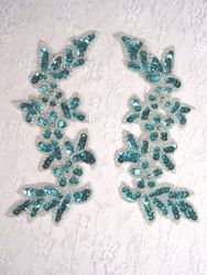 0279 Turquoise Mirror Pair Sequin Beaded Appliques 6"-turquoise,sequin,beaded,applique,trimmings,embellishment,gold,mirror,pair