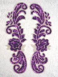 0281 Purple & Silver Mirror Pair Sequin Beaded Appliques 10"
