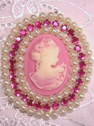 0283  Ivory  Pink  Rhinestone Victorian Cameo Beaded Applique 2.5"-pink,beige,ivory,cameo,applique,beaded,beaded applique,victorian,brooch,rhinestone,applique