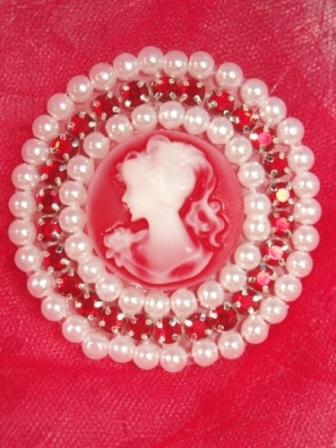 0284  Red & White Rhinestone Victorian Cameo Beaded Applique 2.25"-white,red,ivory,cameo,applique,beaded,beaded applique,victorian,brooch,rhinestone,applique