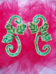 0286  Christmas Holly Mirror Pair Beaded Sequin Appliques  5"-holly,candy,cane,bear,present,gift,christmas,tree,holiday,sequin,beaded,applique,trimmings,embellishment,motif,yoke,turquoise,motif,collar