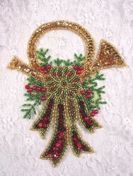 0293  Wreath Horn Beaded Sequin Applique  6"