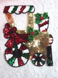 0296  Train Beaded Sequin Applique 5.5"-train,christmas,tree,holiday,sequin,beaded,applique,trimmings,embellishment,motif,yoke,turquoise,motif,collar