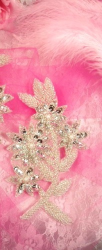 0297  Silver Mirror Pair Sequin Beaded Appliques 6"-silver,pair,flower,floral,sequin,beaded,applique