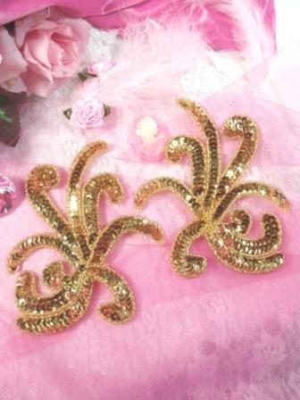 0298 Gold Octopus Swirl Mirror Pair Sequin Appliques 6"-gold,pair,octopus,swirl,curl,sequin,beaded,applique