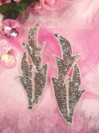 0299 Silver Leaves Mirror Pair Sequin Beaded Appliques 7"-silver,pair,leaves,leaf,floral,sequin,beaded,applique