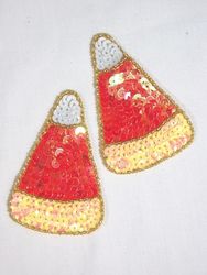 0305 Candy Corn Set of 2 Beaded Sequin Appliques 3.25"-candy,corn,fall,harvest,holiday,sequin,beaded,applique,trimmings,embellishment,motif,yoke,turquoise,motif,collar