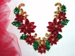 0313  Christmas Poinsettia Collar Beaded Sequin Applique 8"