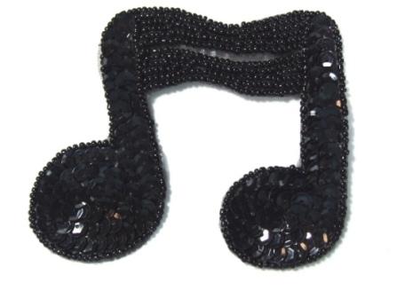 0323  Black Music Double Note Sequin Beaded Applique 4"