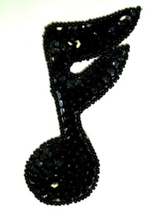 0324  Black Sixteenth Note Sequin Beaded Applique 4"