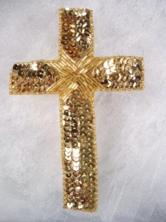 0330  GOLD CROSS RELIGIOUS SEQUIN BEADED APPLIQUE 6"-cross,gold,sequin,beaded,applique,trimmings,embellishment,motif,yoke,turquoise,motif,collar