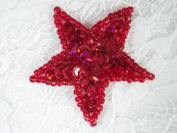 0333 Red Holographic Star Sequin Beaded Applique 1.5"