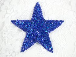 0334  Blue Holographic Star Sequin Beaded Applique 2.5"