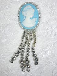 0340  Silver / Blue Victorian Cameo Dangle  Beaded Applique 3.25