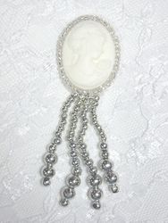 0340  Silver / Ivory Victorian Cameo Dangle  Beaded Applique 3.25