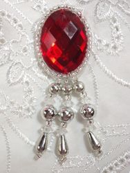 0341 Red Silver Jewel Dangle Beaded Applique 3"-red,silver,victorian,dangle,embellishment,sewing,clothing,sequin,beaded,bead,sequins,applique,motif,trim,trimmings,sewing,beaded,brooch  