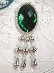 0341 Green Silver Jewel Dangle Beaded Applique 3"-green,silver,victorian,dangle,embellishment,sewing,clothing,sequin,beaded,bead,sequins,applique,motif,trim,trimmings,sewing,beaded,brooch  