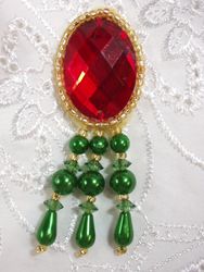 0341 Red Green Jewel Dangle Beaded Applique 3"