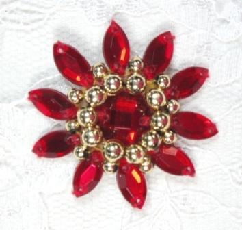 0342  Red / Gold  Jewel Beaded Applique 1.5"-red,clear,victorian,dangle,embellishment,sewing,clothing,sequin,beaded,bead,sequins,applique,motif,  