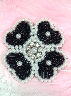 0343 Black Pearl Beaded Rhinestone Beaded Applique 2"