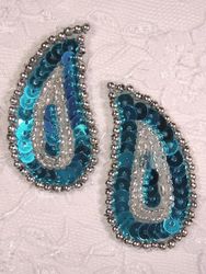 0345 Turquoise / Silver Paisley  Mirror Pair Sequin Beaded Applique 2"