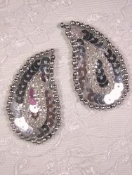 0345 Silver Paisley  Mirror Pair Sequin Beaded Applique 2"-silver,jewel,victorian,embellishment,sewing,clothing,sequin,beaded,bead,sequins,applique,motif, trim,trimmings,sewing,beaded,brooch  