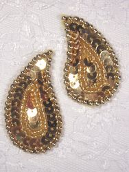 0345  Gold Paisley  Mirror Pair  Sequin Beaded Applique 2"