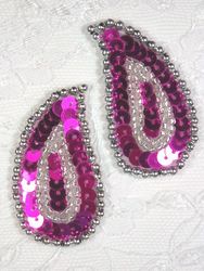0345  Fuchsia / Silver Paisley  Mirror Pair Sequin Beaded Applique 2"