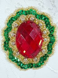 0346  Red / Green Jewel Sequin Beaded Applique 2"