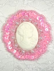 0347   Pink / Ivory Victorian Cameo Sequin Beaded Applique Brooch  2