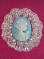 0347  White  AB / Blue Victorian Cameo Sequin Beaded Applique Brooch 2"-blue,white,ivory,victorian,cameo,embellishment,sewing,clothing,sequin,beaded,bead,sequins,applique,motif,sewing,beaded,brooch  