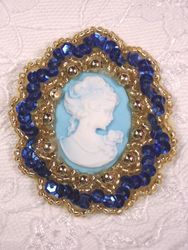 0347  Blue Gold / Blue Victorian Cameo Sequin Beaded Applique Brooch 2"