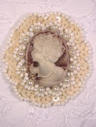 0347  Ivory / Beige Victorian Cameo Sequin Beaded Applique Brooch 2"-ivory,victorian,cameo,embellishment,sewing,clothing,sequin,beaded,bead,sequins,applique,motif,sewing,beaded,brooch  