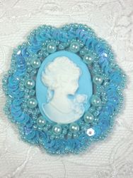 0347  Lt Blue  / Blue Victorian Cameo Sequin Beaded Applique Brooch 2"-blue,gold,ivory,victorian,cameo,embellishment,sewing,clothing,sequin,beaded,bead,sequins,applique,motif,sewing,beaded,brooch  