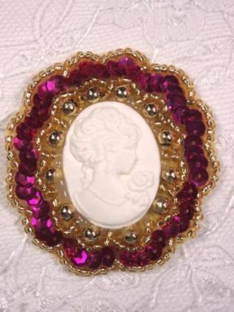 0347  Fuchsia Gold / Ivory Victorian Cameo Sequin Beaded Applique Brooch  2"-fuchsia,gold,ivory,victorian,cameo,embellishment,sewing,clothing,sequin,beaded,bead,sequins,applique,motif,sewing,beaded,brooch  