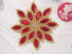 0348  Red / Gold Snowflake Jewel Beaded Applique 3"