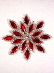 0348  Red / Silver Snowflake Jewel Beaded Applique 3"