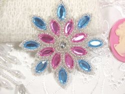 0348  Light Blue / Pink Snowflake Jewel Beaded Applique 3"